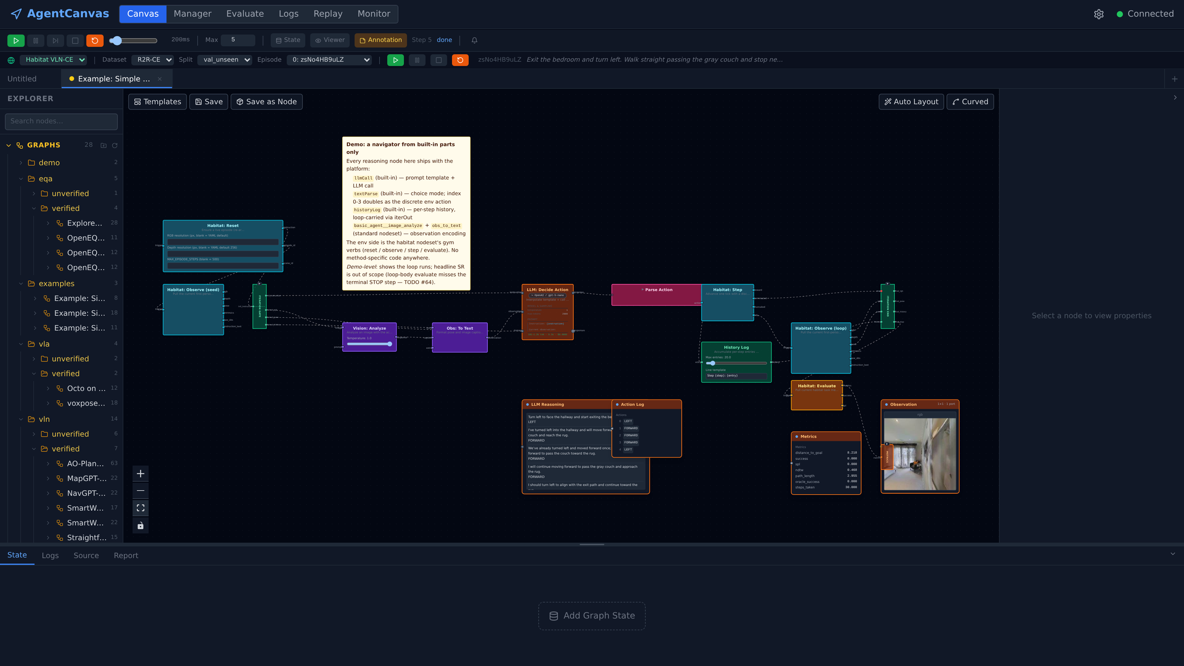 The canvas mid-run: the Simple Navigator example graph at step 5, with four live viewer windows — LLM Reasoning scroll, Action Log, Metrics table, and the RGB Observation — updating next to the running loop