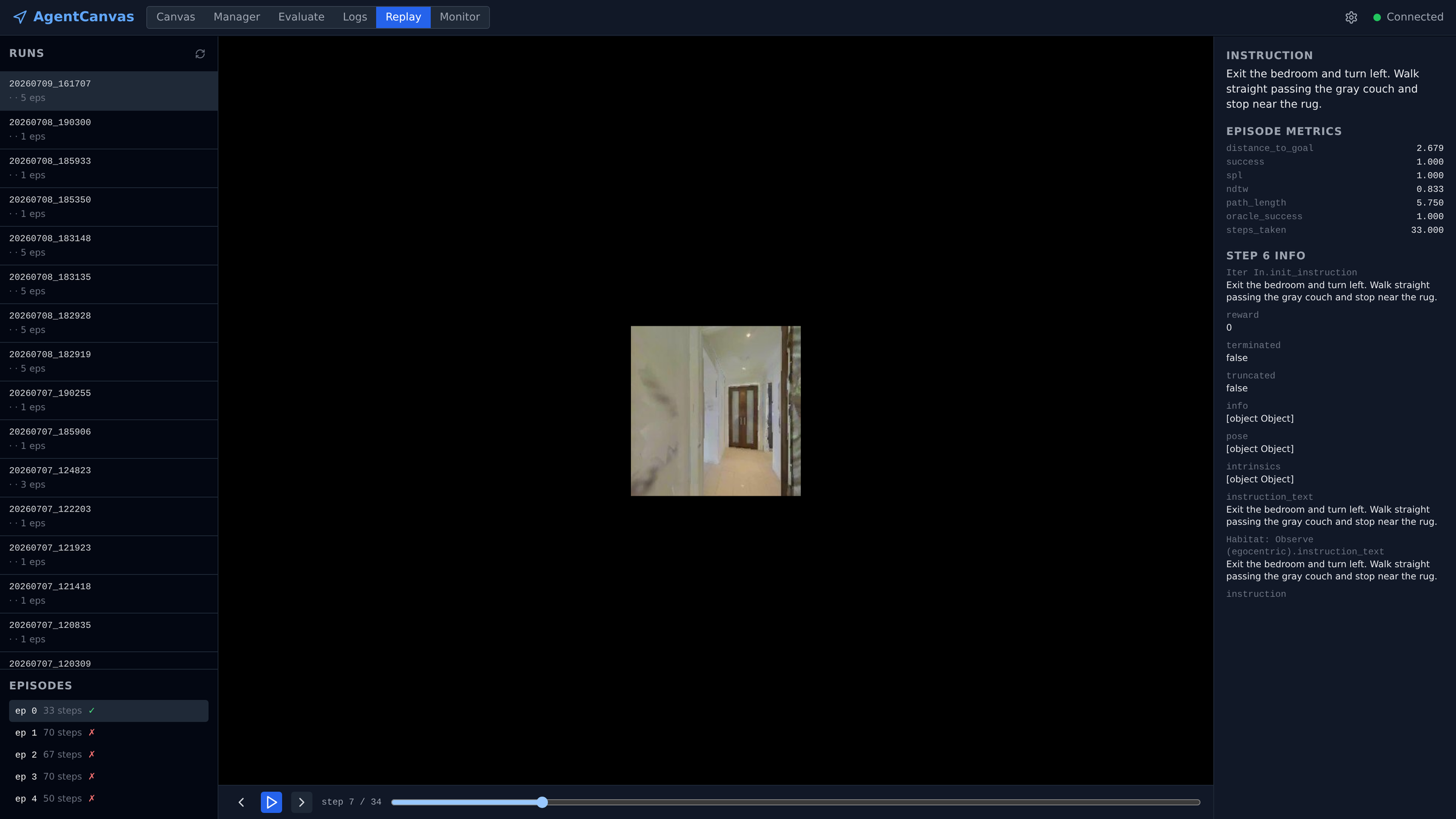 The Replay tab: runs list and episode list on the left with success/failure marks, the logged frame at step 7 of 34 in the center above a prev/play/next scrubber, and the instruction, episode metrics, and per-step fields on the right