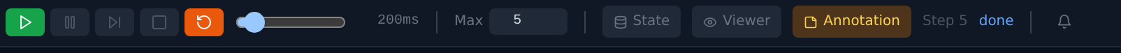 The canvas execution toolbar: play, pause, step, stop, reset buttons, a step-delay slider at 200 milliseconds, a Max step-budget input, State / Viewer / Annotation visibility toggles, and the current status Step 5 done
