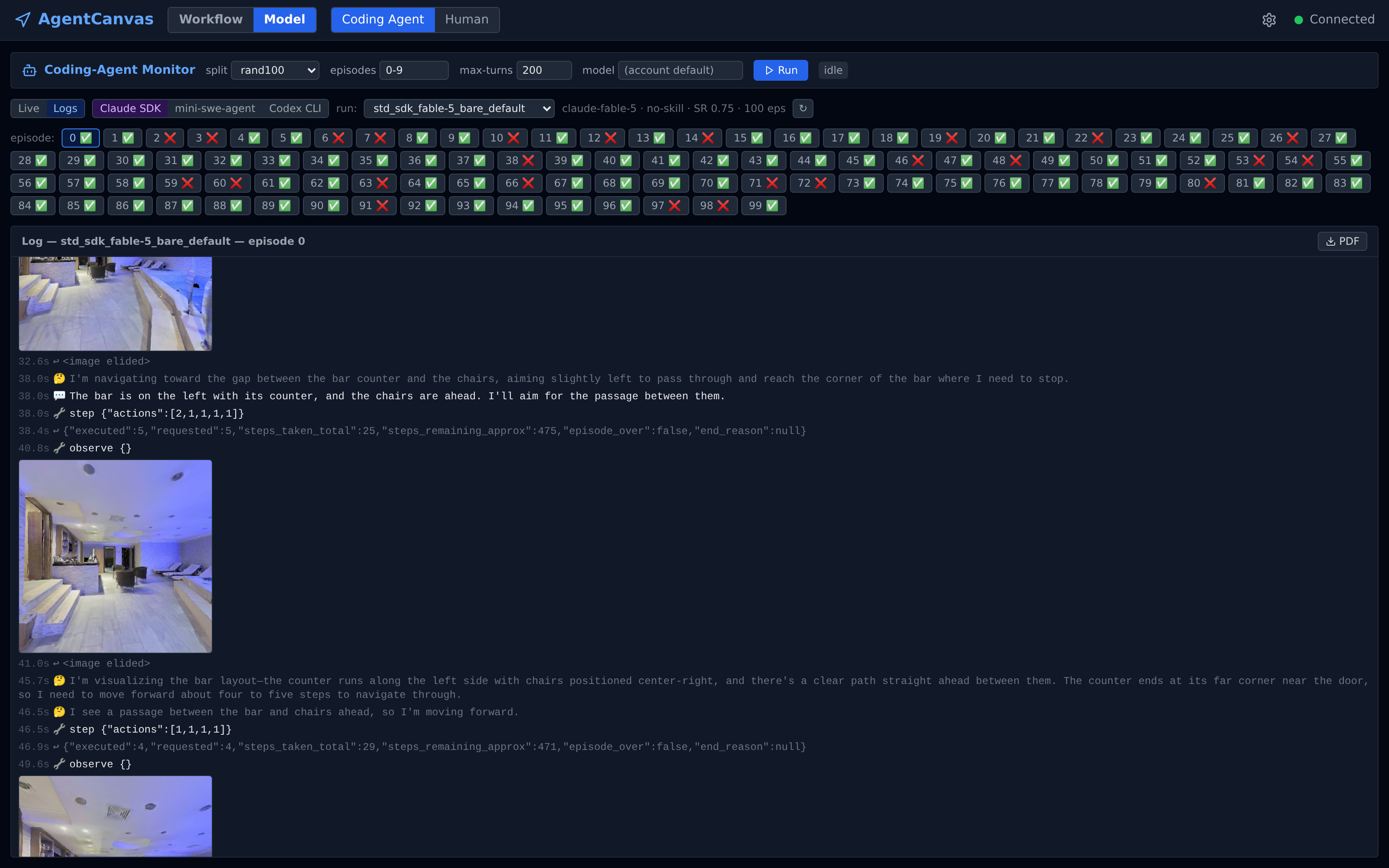 Mid-episode log detail: an inline egocentric frame, a thinking line about aiming for the gap between the bar counter and the chairs, a step call with actions [2,1,1,1,1], its JSON tool result reporting steps_taken_total 25 and steps_remaining_approx 475, another observe() with the next frame showing the bar room