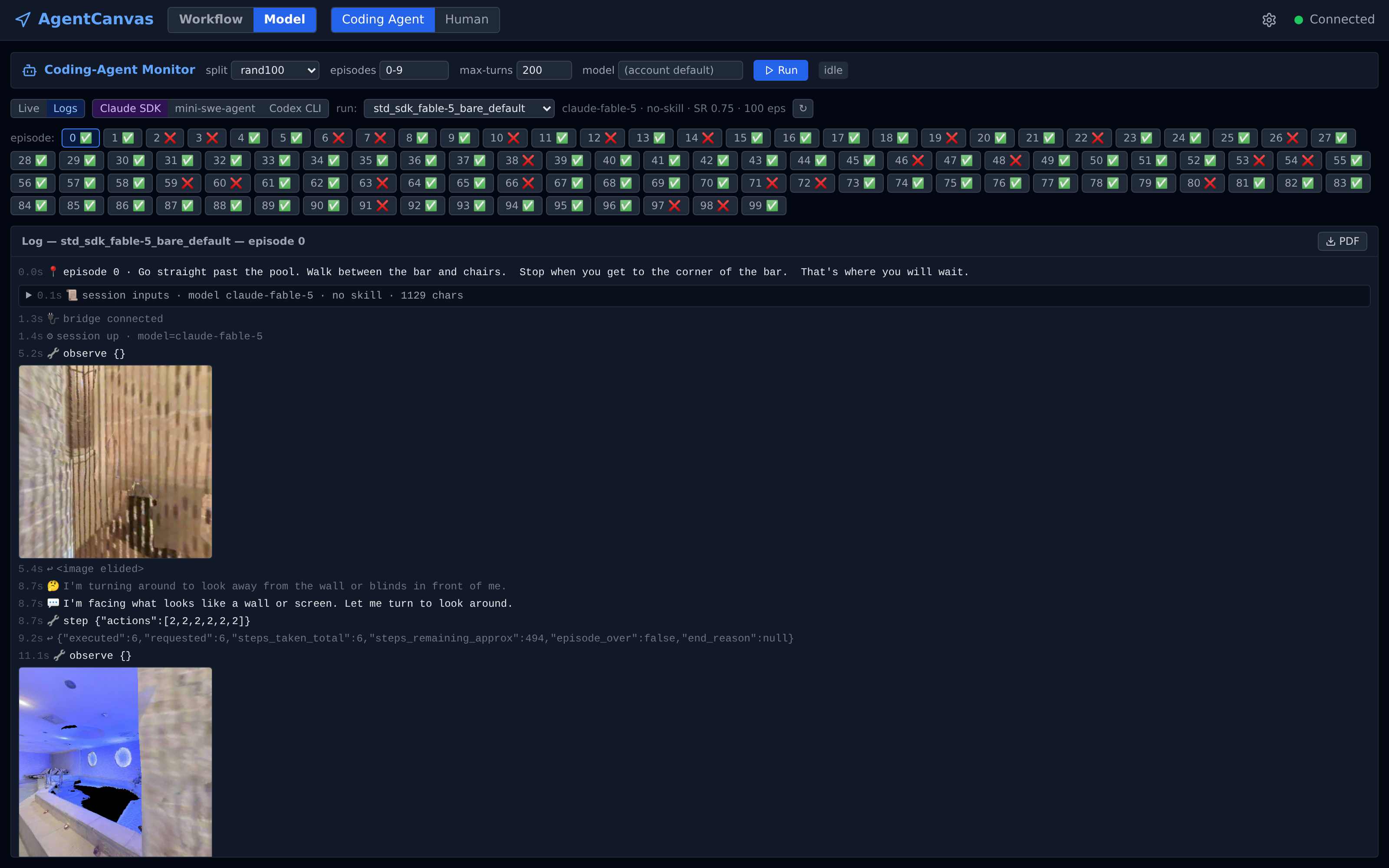 The Coding Agent tab browsing std_sdk_fable-5_bare_default (SR 0.75, 100 episodes): run form, harness source toggle, per-episode success grid, and episode 0's unified log with an inline egocentric frame