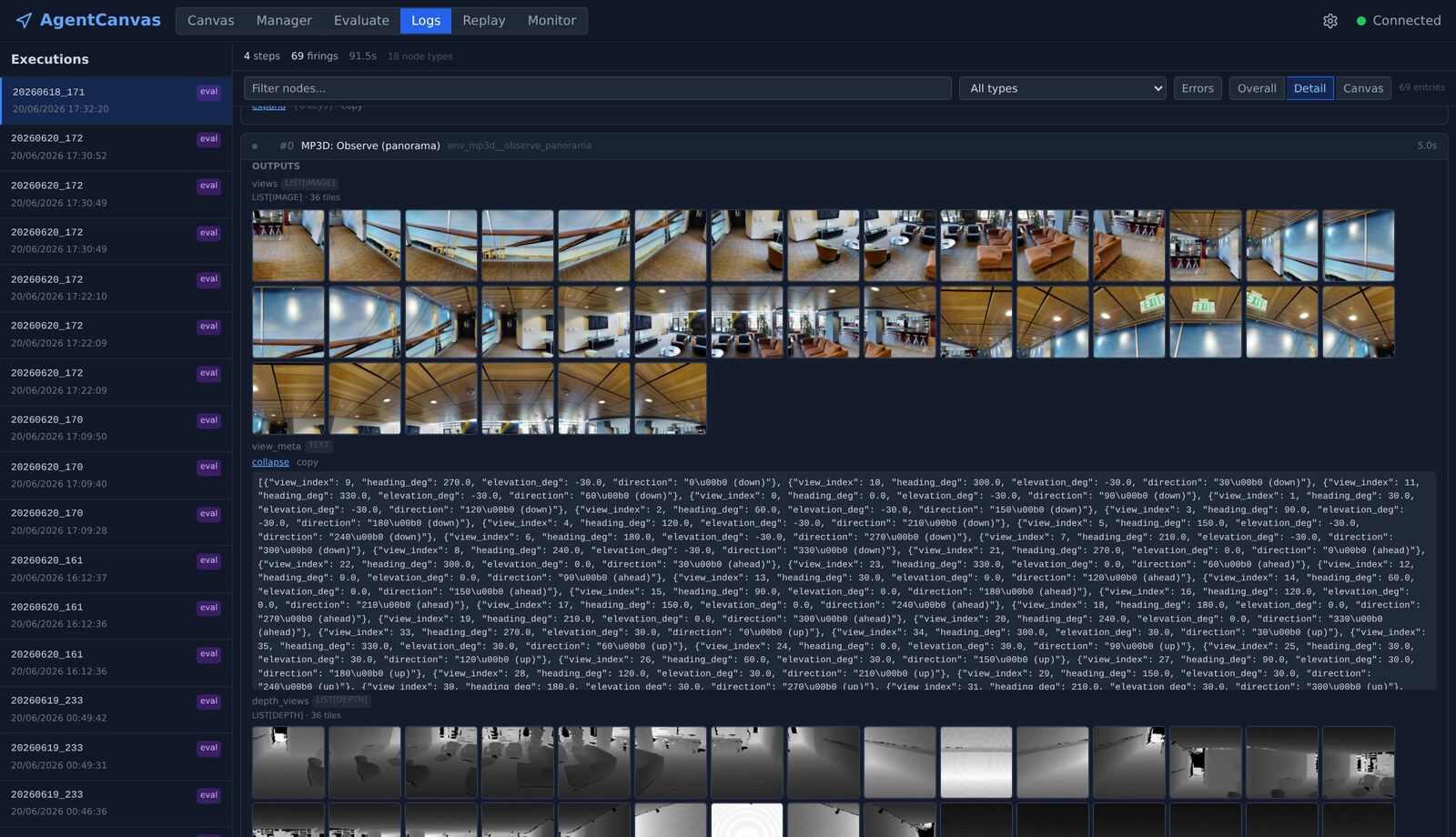 AgentCanvas Logs Detail view: the MapGPT MP3D 'Observe (panorama)' firing with its 36-view RGB panorama rendered inline as tiles, beside the typed view metadata.